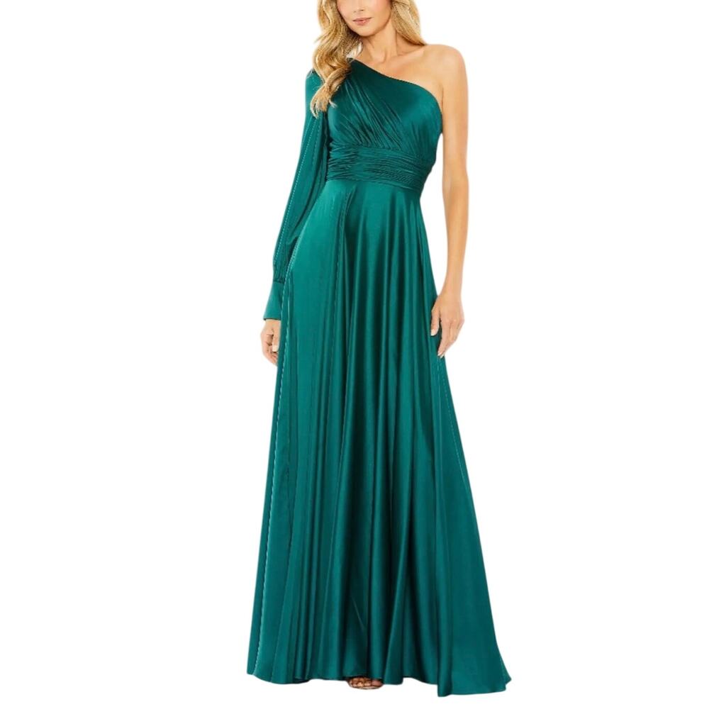Mac Duggal 67866 Green Evening Gown Satin One Shoulder Long Sleeve Dress Size 0
